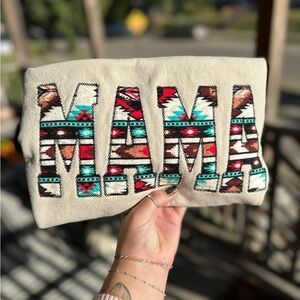 Embroidered Gildan Cream Sweatshirt with Colorful Aztec 'MAMA' Design